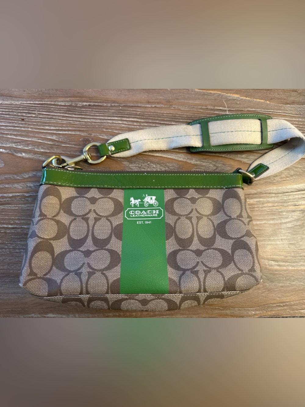 Coach Brown Signature Leather Shoulder Bag with Green Stripe